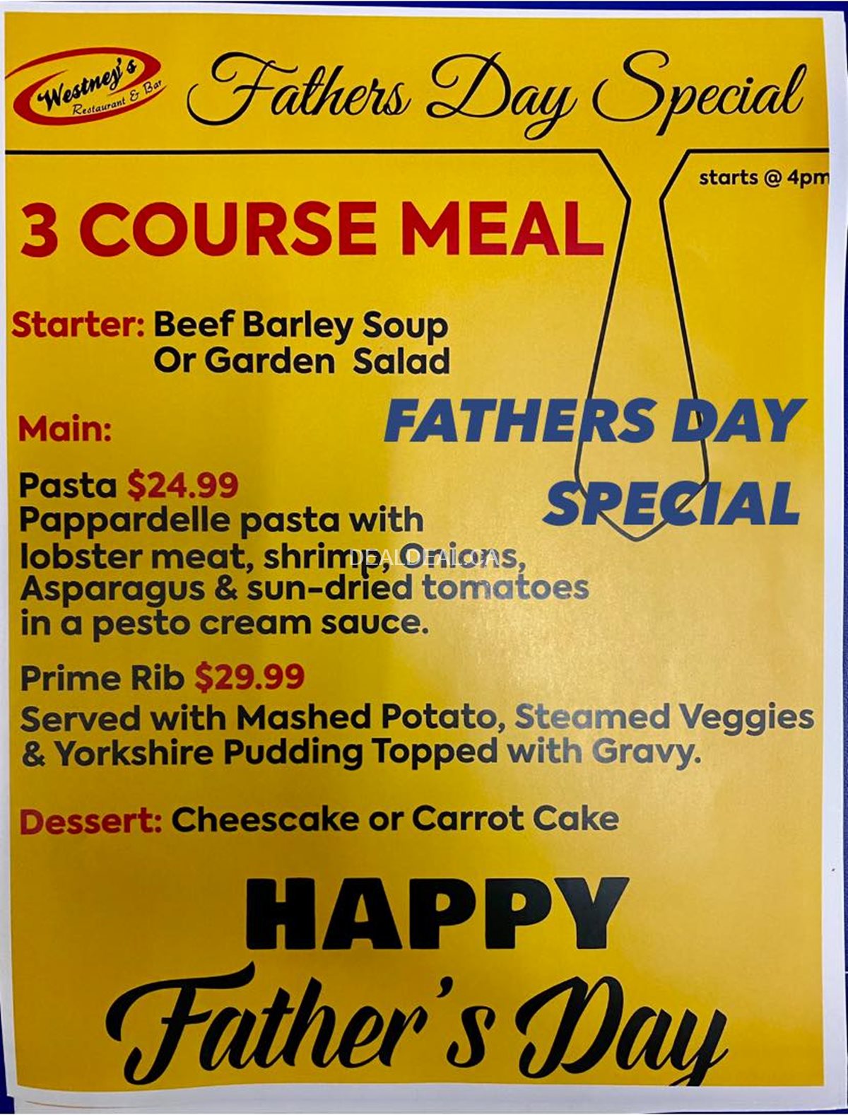 Father's Day special 3 course meal at Westney Restaurant and Bar