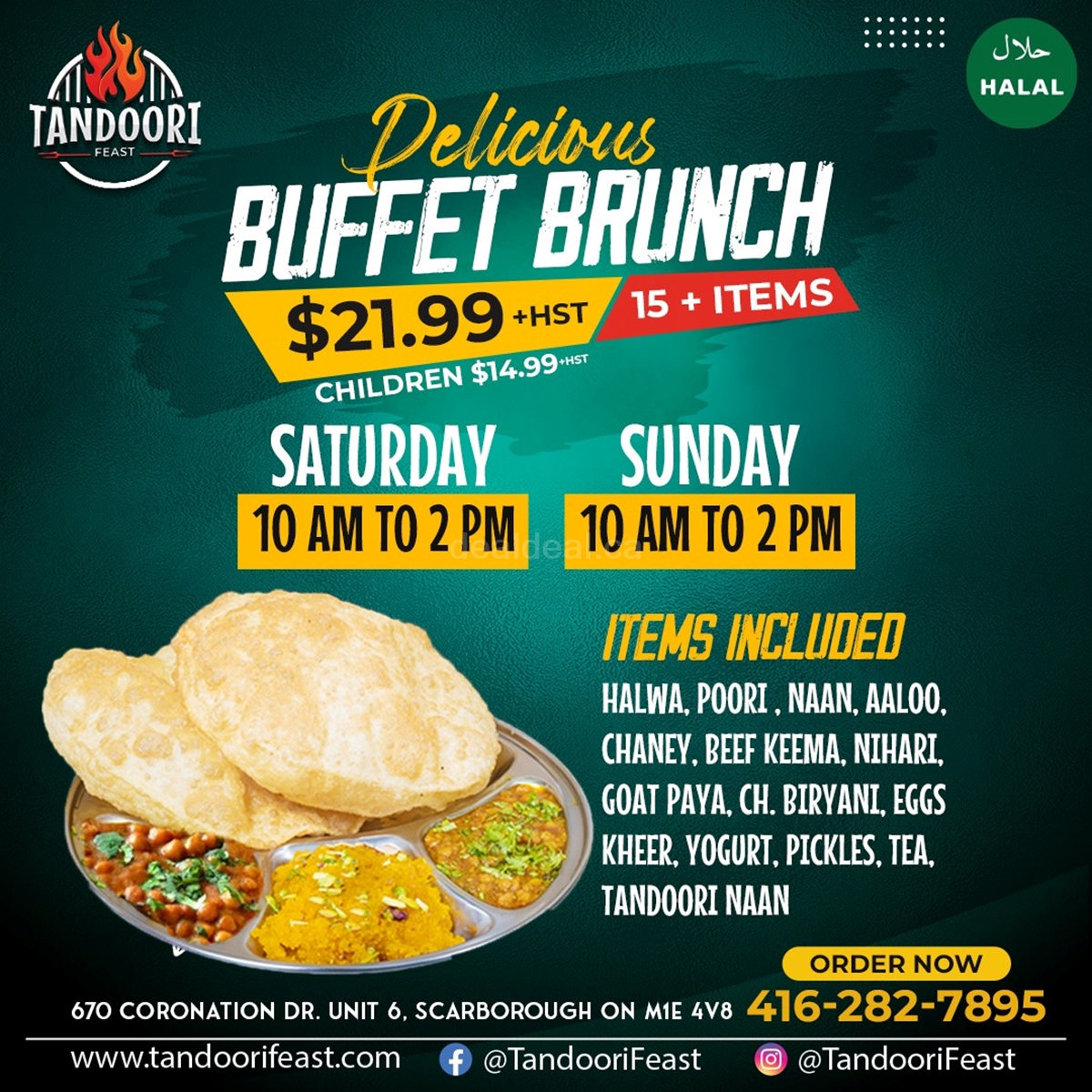 Buffet Brunch for $21.99 +HST at Tandoori Feast