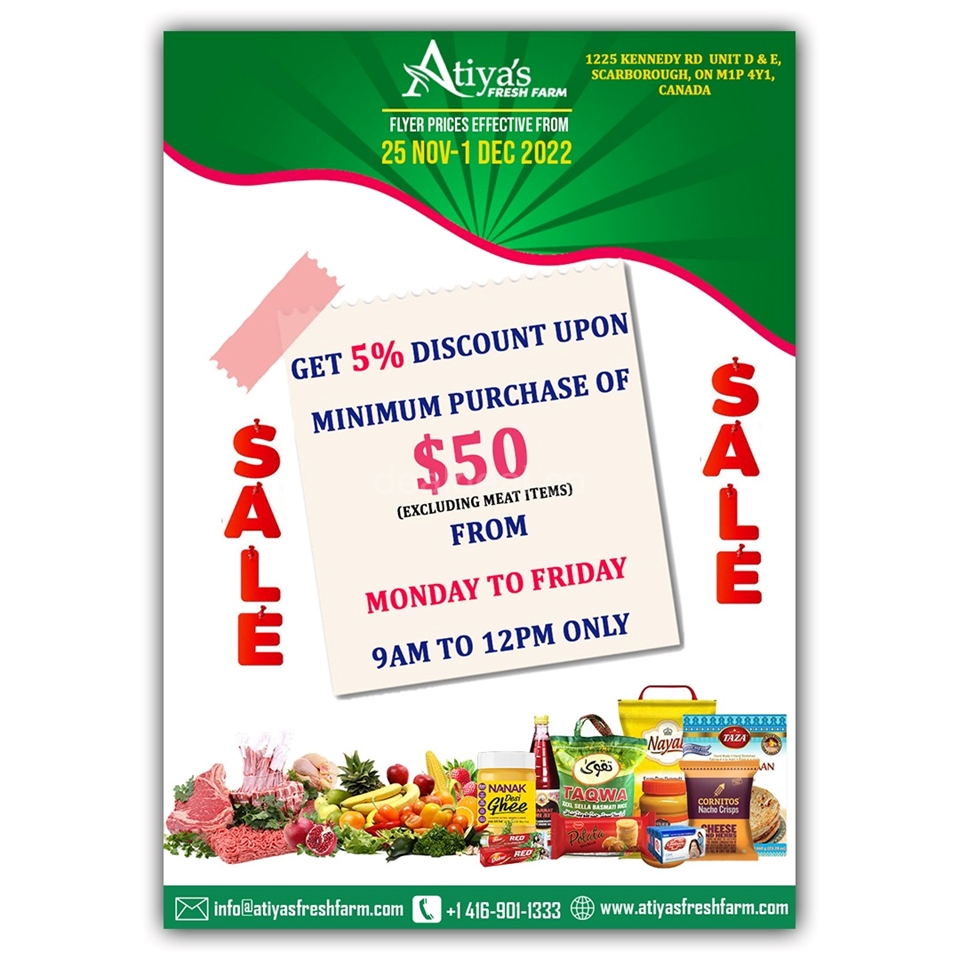 Get 5% Discount upon Minimum purchase of $50 at Atiya's Fresh Farm