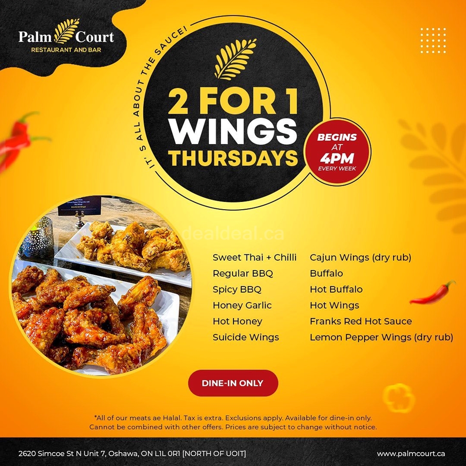 2 for 1 Wings Thursdays at Palm Court Restaurant and Bar