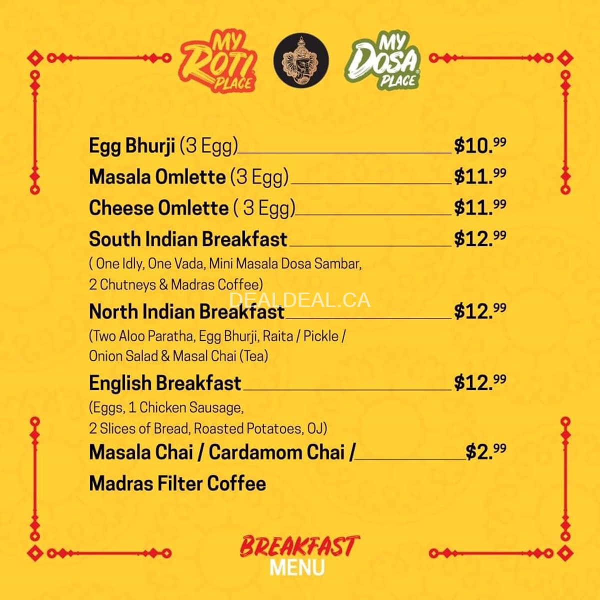 Breakfast Menu at My Roti PlaceMy Dosa PlaceAjax