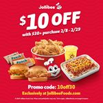 Save $10 on online orders over $30 atJollibee