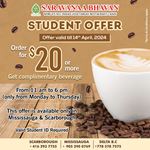 Student offer: Spend $20 or more and get complimentary beverage at Saravanaa Bhavan