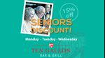 Seniors receive a 15% discount at Ten Gallon Bar and Grill.