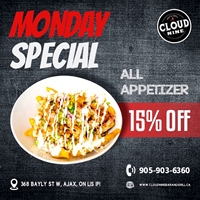 Enjoy 15% off on all appetizers every Monday.