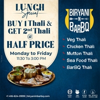 Lunch Special: Buy the first thali and get the second thali at half price at Biryani N BarBQ