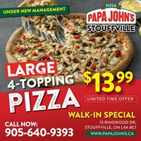 A large 4-topping pizza at a special walk-in offer.