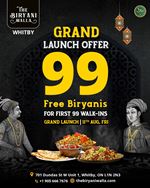 Biryaniwalla Whitby - Grand Launch Offer 99 FREE Biryanis for First 99 Walk-In's 