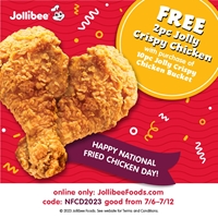 Free 2 Pc Jolly Crispy Chicken with purchase of 10pc jolly crispy Chicken Bucket at Jollibee