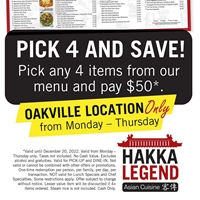 Pick any 4 items from the menu and pay $50 at Oakville Location