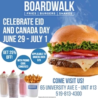 Get 25% off with Promo Code at Boardwalk Burger burgers, fries & Shakes Waterloo Location