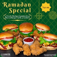 B Boyz is offering a Fried Chicken Sandwich or Cheeseburger as a Ramadan Special