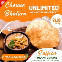 Unlimited Channa Bhatura for only $9.99 at Saffron Indian Cuisine!