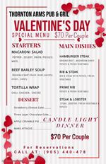 Valentine's Day Special Menu at Thornton Arms Pub & Grill