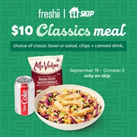 Get a Freshii classics bowl or salad, choice of chips and canned beverage for only $10 on Skip The Dishes 