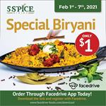 Biryani Special Offer for $1 Only at 5 Spice Dining 