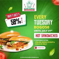 Every Tuesday BOGO50: Buy one Sandwich Get 2nd Sandwich 50% Off at Buon Giorno Italian Bakery