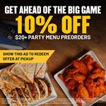 Get 10% off Party Menu preorders for your Big Game celebration. Order by noon on Saturday at Buffalo Wild Wings