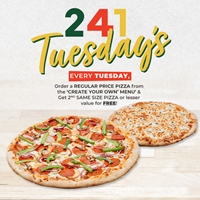 Tuesday Special: Order a regular priced pizza and get the second same size of equal or lesser value for FREE at 241 Pizza