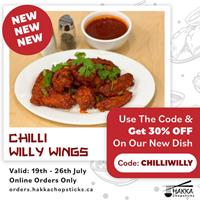 Use the code and Get 30% OFF On Our New Dish Chilly Willy Wings at Hakka Chopsticks